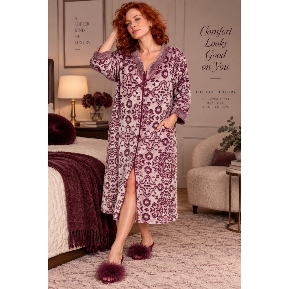 Croft & Barrow 1X Burgundy Patterned Faux Fur Robe Cozy Lounge